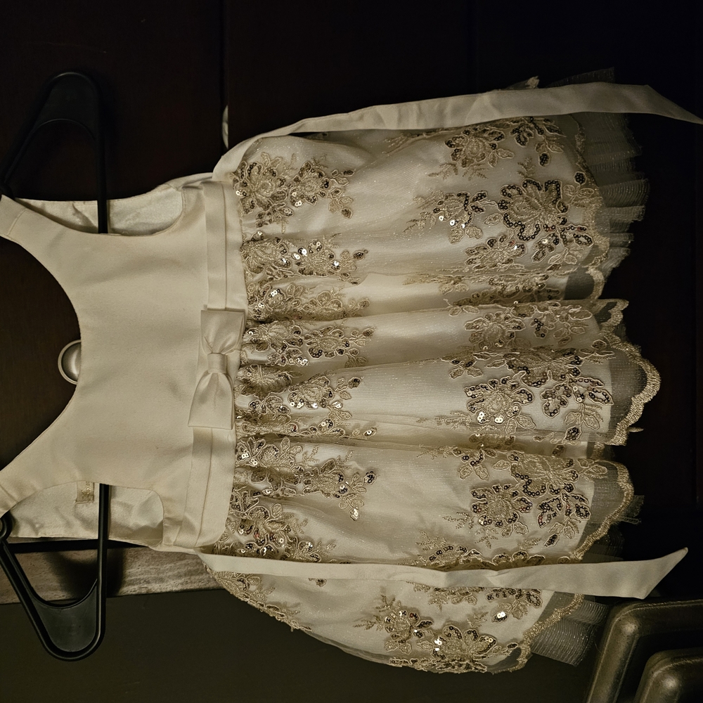 Elegant Ivory/Cream Toddler Dress with Sequins and Gold Floral Embellishments